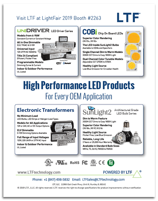 LTF print ad in LD and A Magazine LightFair International Issue UniDriver SunLight2 COB Electronic Transformers