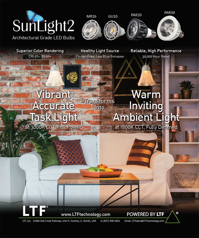 LTF SunLight2 Architectural Grade Dim to Warm High CRI LED Bulbs Print Ad Lighting and Decor Magazine