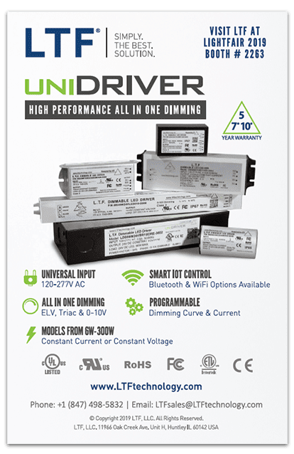 LTFs LD and A Magazine Half Page Print Ad for LightFair International Issue UniDriver Universal Input Universal Dimming LED Driver